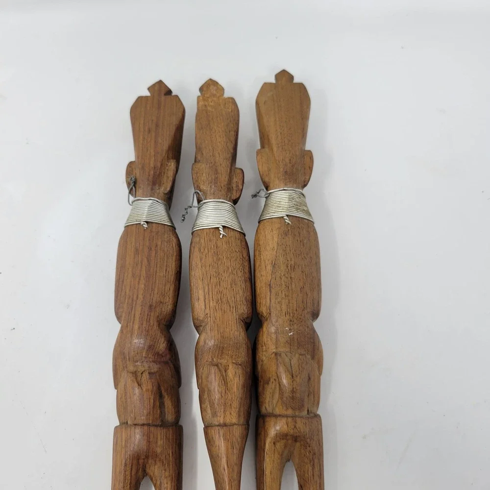 Hand Carved Wood Tribal Figural Spoon‎ Fork Server Set Rustic Decor 15